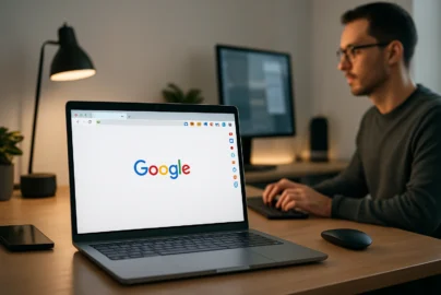 A realistic, high-resolution image showing a modern desktop setup with a laptop screen open to Google Chrome browser. The browser has multiple Chrome extensions installed with small icons visible in the toolbar. The background includes a clean workspace with minimal tech gadgets, ambient lighting, and a person working focused on productivity. The scene should reflect a smart, AI-powered, futuristic yet real work environment, perfect for 2025 productivity tools. No words or text on the image